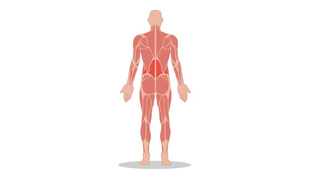 Medical vector animation displaying full-body posterior muscular anatomy highlighting localized acute inflammation in the lumbar and flank region,lower back pain, lumbago, sciatica, lumbar disc hernia