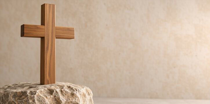 Wooden cross standing on a rough stone pedestal. Christian symbol of faith against textured beige wall. Copy space for text