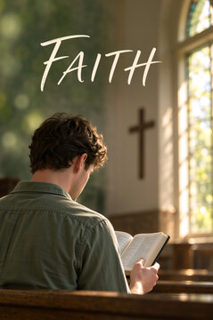 Vertical photo of a man reading a holy bible in a church pew. Young person studying scripture with cross on background wall. Faith concept