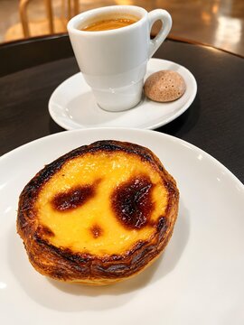 Traditional Portuguese Pastel de Nata Custard Tart Served with Espresso Coffee