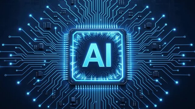 Glowing blue square artificial intelligence microprocessor chip on motherboard circuit background