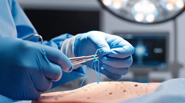 Surgeon Hands in Blue Gloves Performing Medical Suture with Forceps in Operating Room