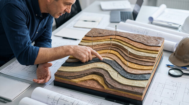 Geologist examining subsurface rock layer model for careful study, showing focused professional curiosity and intense research in quiet office