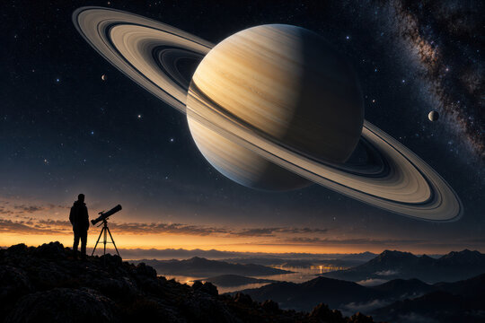 Astronomer Observing Saturn With Telescope Under Starry Night Sky