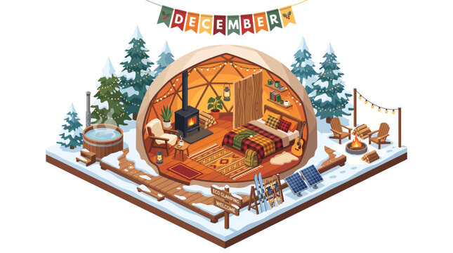 Isometric Eco Glamping Dome in Snowy Winter Forest Landscape
