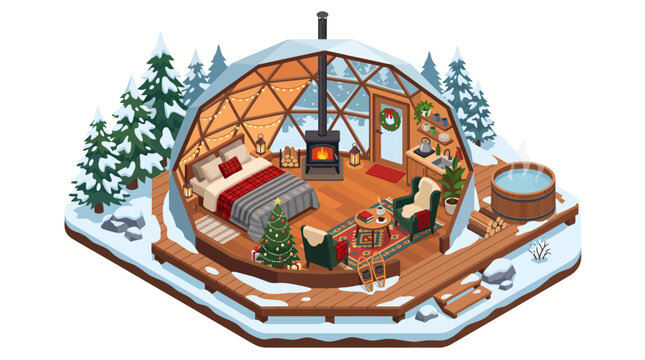Winter Glamping Dome House with Christmas Interior and Hot Tub