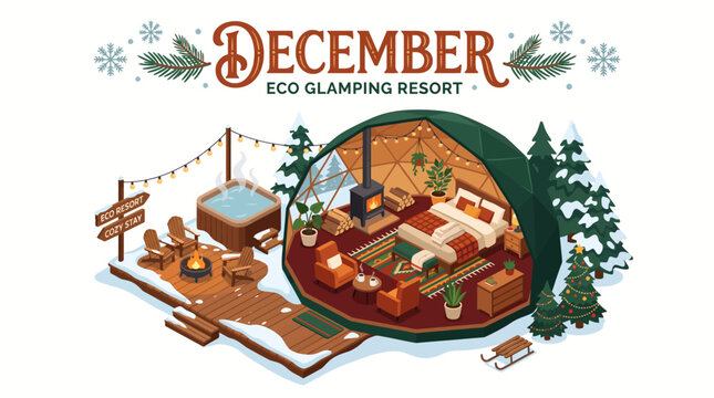 Isometric Winter Eco Glamping Resort with Hot Tub and Interior