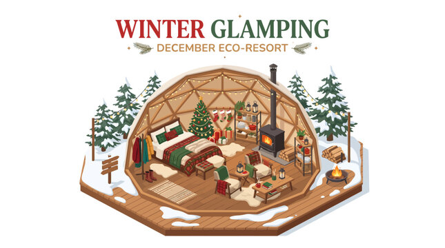 Luxury Winter Glamping Resort Geodesic Dome Interior Illustration