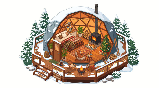 Cozy winter eco resort geodesic dome isometric illustration