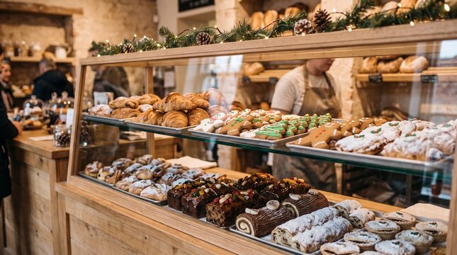 Christmas Bakery Display with Assorted Pastries Croissants Gingerbread Cookies and Yule Logs