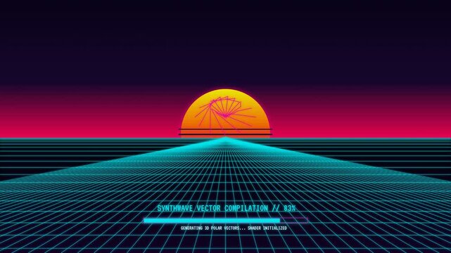 Neon Synthwave Outrun Wireframe Mesh with Copy Space for Retro Music Festival.