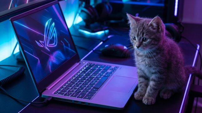 Kitten sitting next to a gaming laptop with neon lights