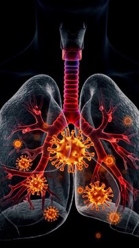 Virus Infecting Human Lungs in 3d Medical Animation with Glowing Pathogens and Respiratory System Highlighted for Health Awareness Campaigns