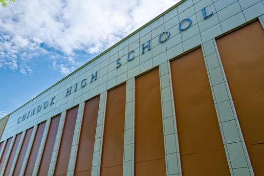 Chinook, Montana, USA - August 23, 2026: Lettering on the exterior wall of the Chinook High School