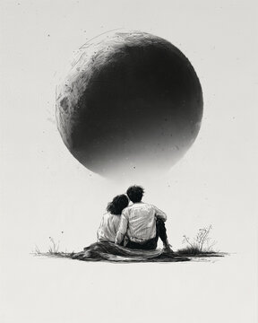 Romantic Sketch of Couple Looking at Giant Moon