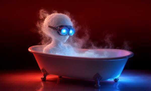 Alien in glowing goggles relaxes in steamy bath under red-blue lights.