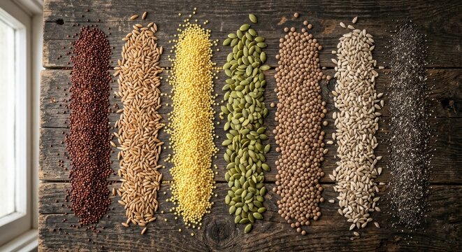 Assortment of various healthy seeds and grains arranged in vertical rows on a rustic dark wooden background, including quinoa, millet, pumpkin, sunflower, lentils, and chia seeds for nutrition.
