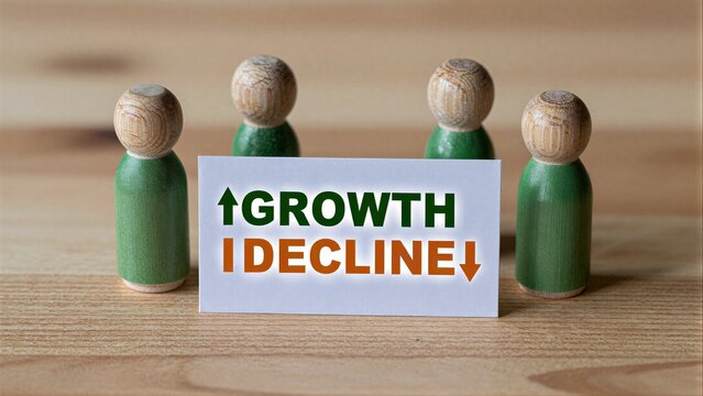 Wooden figures surround a card showing growth and decline arrows, symbolizing business trends.