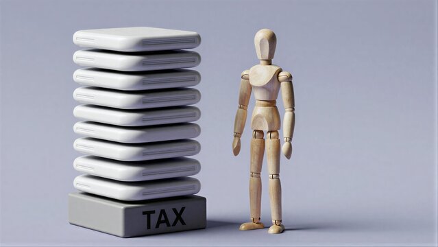 Tax burden looms large beside a wooden figure, symbolizing financial pressure.