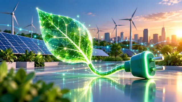 Green digital leaf glowing with energy connected to power plug representing sustainable renewable electricity sources like solar panels and wind turbines against a city skyline at sunset.
