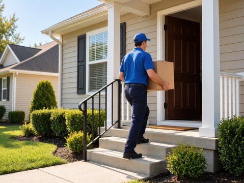 A delivery worker in a blue uniform carries a cardboard box up the front porch steps of a house.