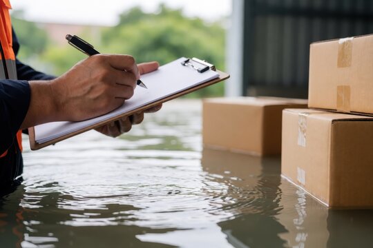 A logistics worker in a flooded warehouse inspects damaged cardboard packages while taking notes.