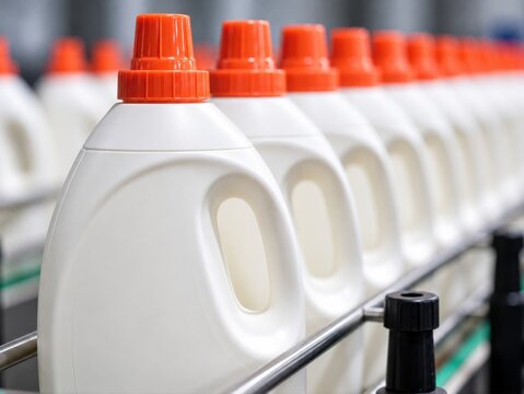 Rows of white plastic laundry detergent bottles with orange caps moving along a factory conveyor belt.