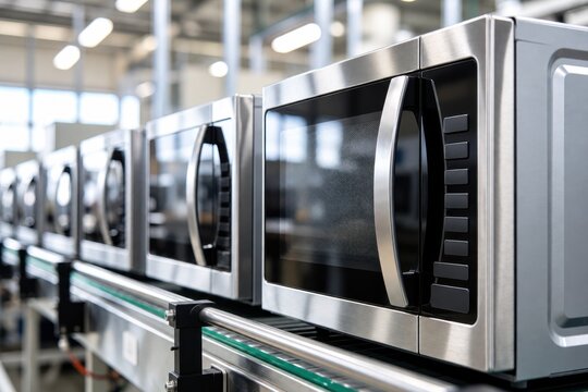 A row of modern stainless steel microwaves moving along a factory conveyor belt production line.