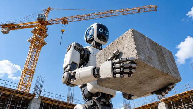A humanoid robot carries a large concrete block on a construction site with a crane in the sky.