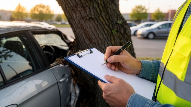 An insurance adjuster in a reflective vest takes notes on a clipboard at a car crash site.
