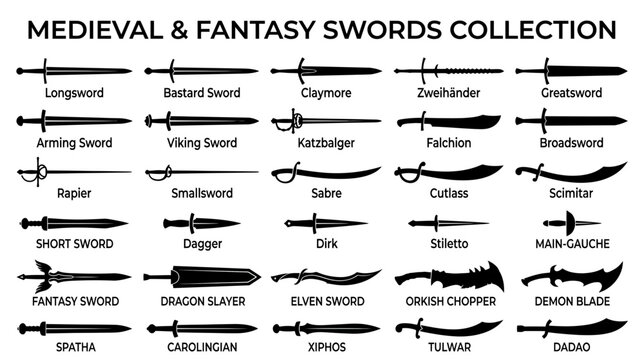 Collection of Isolated Medieval and Fantasy Sword Silhouettes