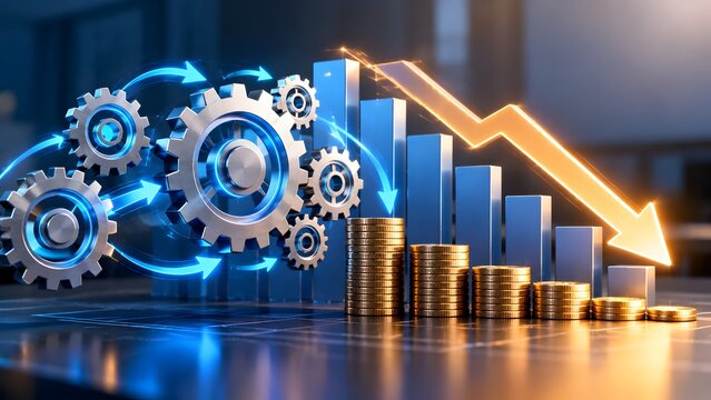 Industrial Automation and Financial Optimization Concept Featuring Glowing Mechanical Gears, Decreasing Stacks of Gold Coins, and a Downward Trending Bar Graph Representing Declining Costs
