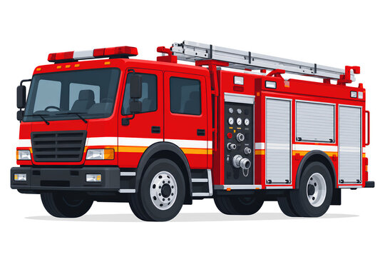 Vector illustration of a modern red fire truck with an extension ladder, emergency lights, and equipment compartments, isolated on white background. Ideal for safety and rescue concepts.