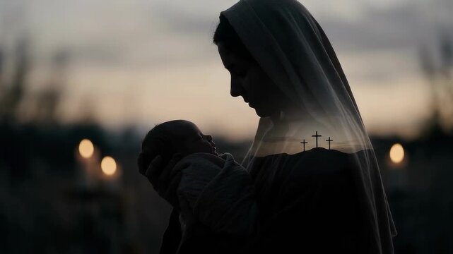 Virgin Mary Holding the Newborn Baby Jesus at Dusk With Three Crosses Visible in the Distance, Symbolic Christian Scene Linking Nativity, Motherhood, Faith, Sacrifice, Love, Hope and Redemption