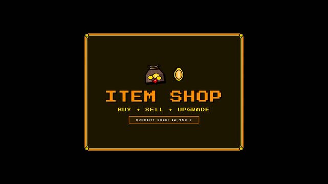 Pixel art item shop interface screen with currency and menu buttons