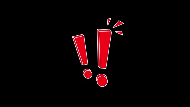 Animation of two red exclamation marks with added triangular accents; a comic-book-style concept for a stern warning; dark background; 4K video.