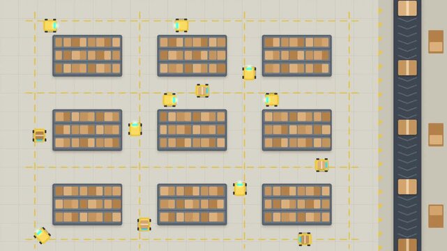 Autonomous Warehouse Robots Carrying Boxes Along Grid Lanes, Top View Logistics Automation Illustration Seamless Loop