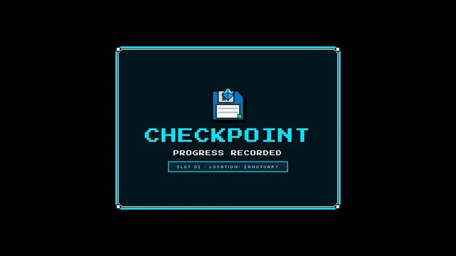 Retro pixel art game checkpoint screen with floppy disk storage icon