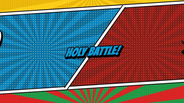 Comic book style angel versus demon split screen showdown graphic animation