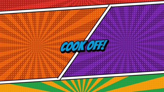 Animated comic book versus graphic featuring chef and food critic characters