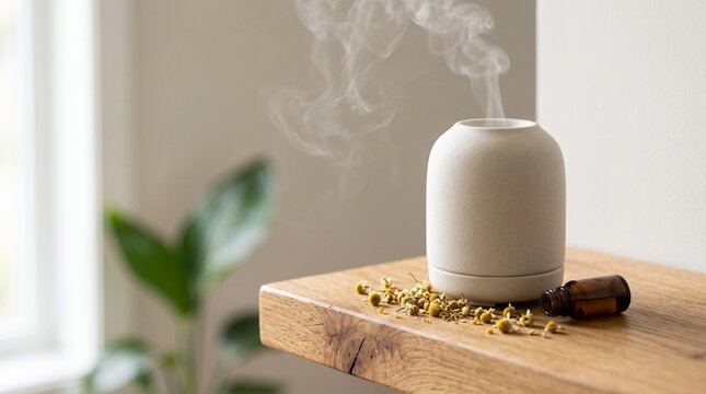 Minimalist white aromatherapy diffuser emitting steam on wooden shelf