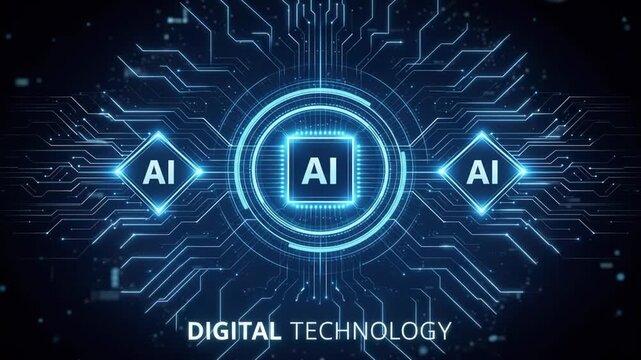 Three glowing circular AI nodes connected by printed circuit traces on dark technology background