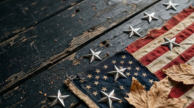 Vintage American flag with silver stars on rustic dark wood background, weathered patriotic banner with autumn leaves for Veterans Day, rustic United States flag for memorial celebration.