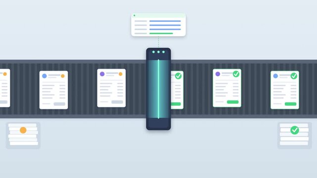 Invoices and Receipts Moving Through a Scanner and Getting Approved with Green Checkmarks, Accounting Automation Illustration Animation