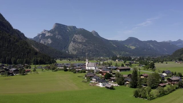 Drone flight over Sankt Martin bei Lofer, Saalachtal, Pinzgau, Salzburg province, Austria