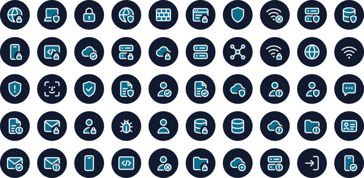 50 dark round icons of phishing warning locked folder and code window