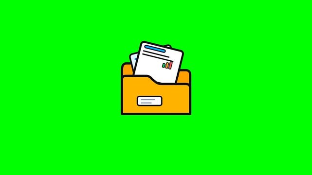Animated flat yellow folder icon with document for professional data organization