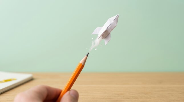 Hand Holding Pencil with Paper Rocket Launching from Tip on Solid Background, Creative Startup and Innovation Concept