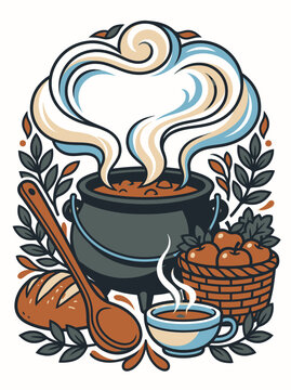 Colorful illustration of a cooking pot with steam, bread, and oranges