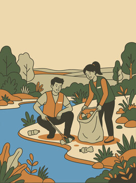 Volunteers engaged in a community cleanup by the waterway surface